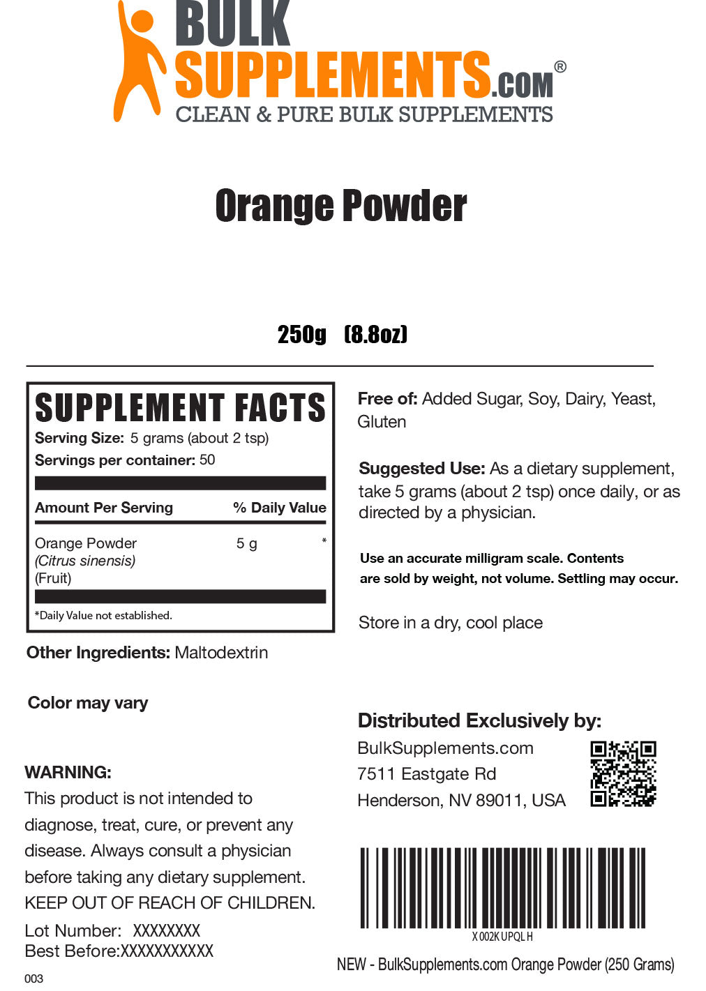 Supplement Facts Orange Powder
