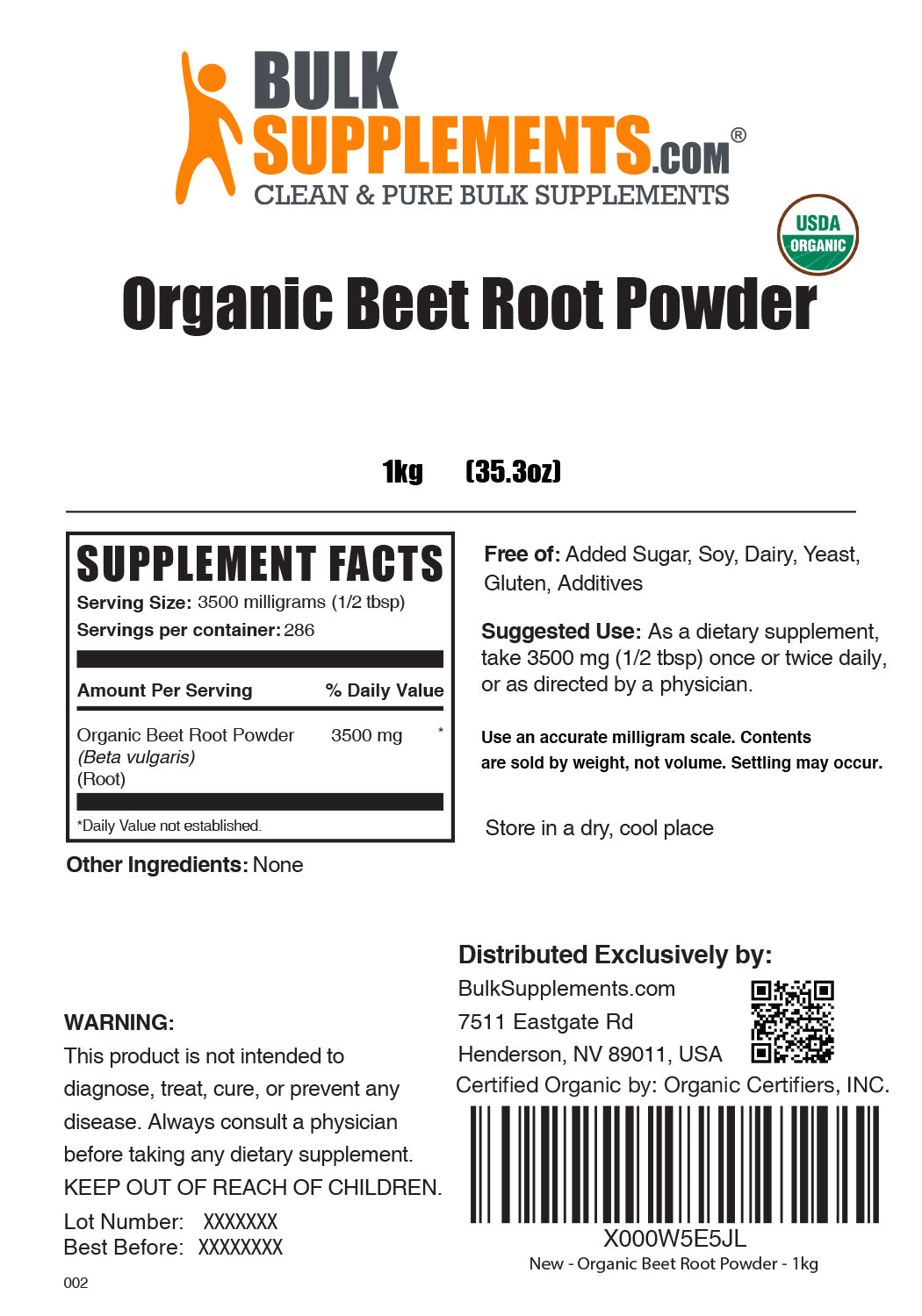 Organic Beet Root Powder Supplement Facts for 1kg bag