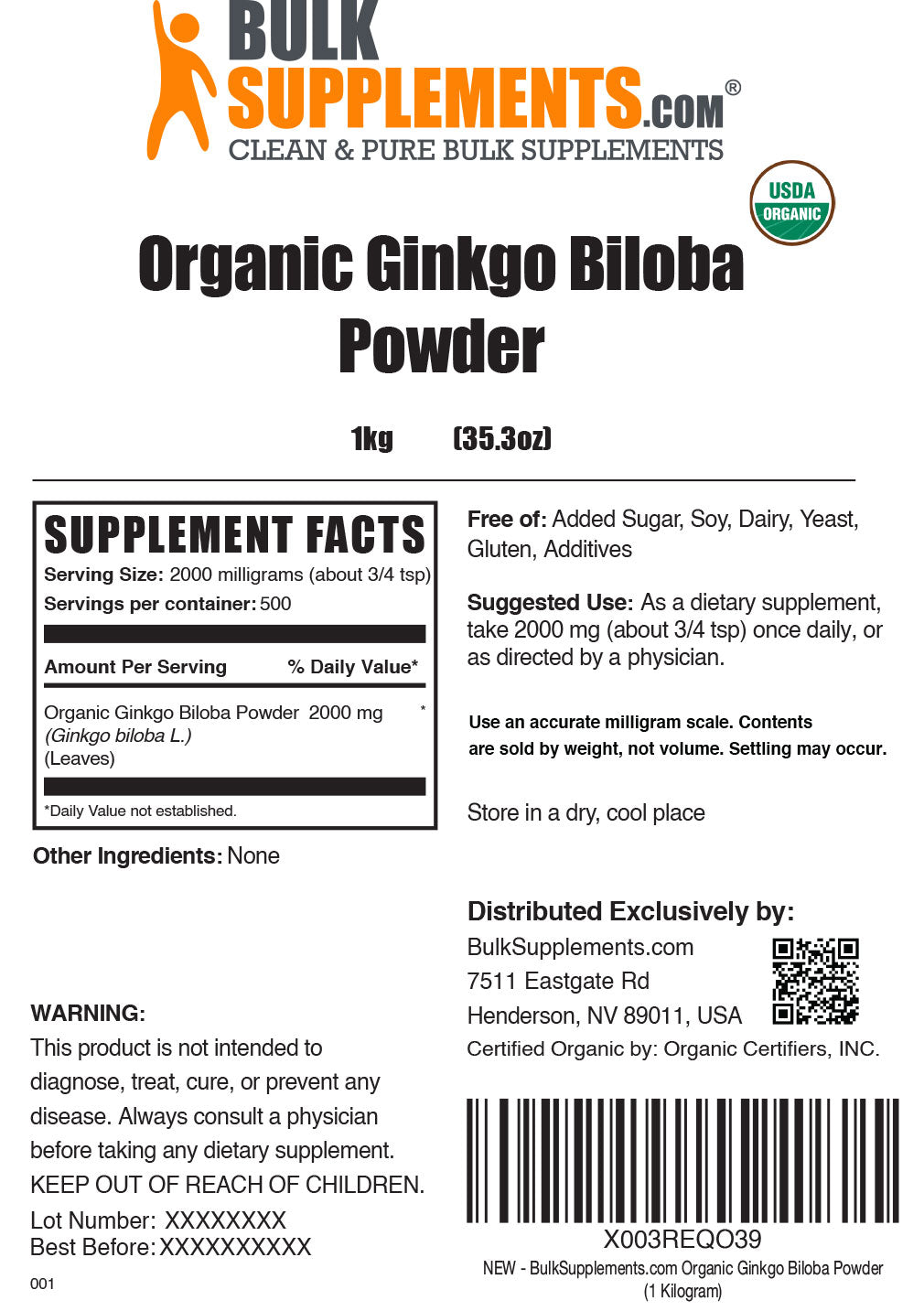 Supplement Facts Organic Ginkgo Biloba Powder