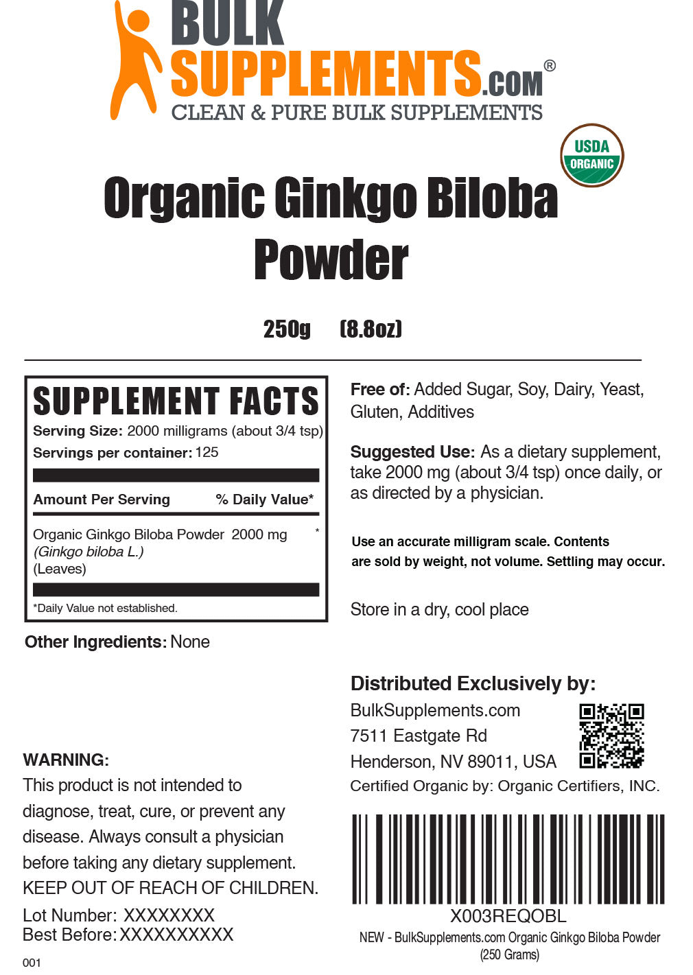 Supplement Facts Organic Ginkgo Biloba Powder
