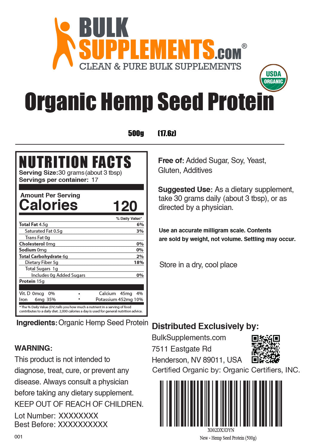 Nutrition Facts Organic Hemp Seed Protein Powder