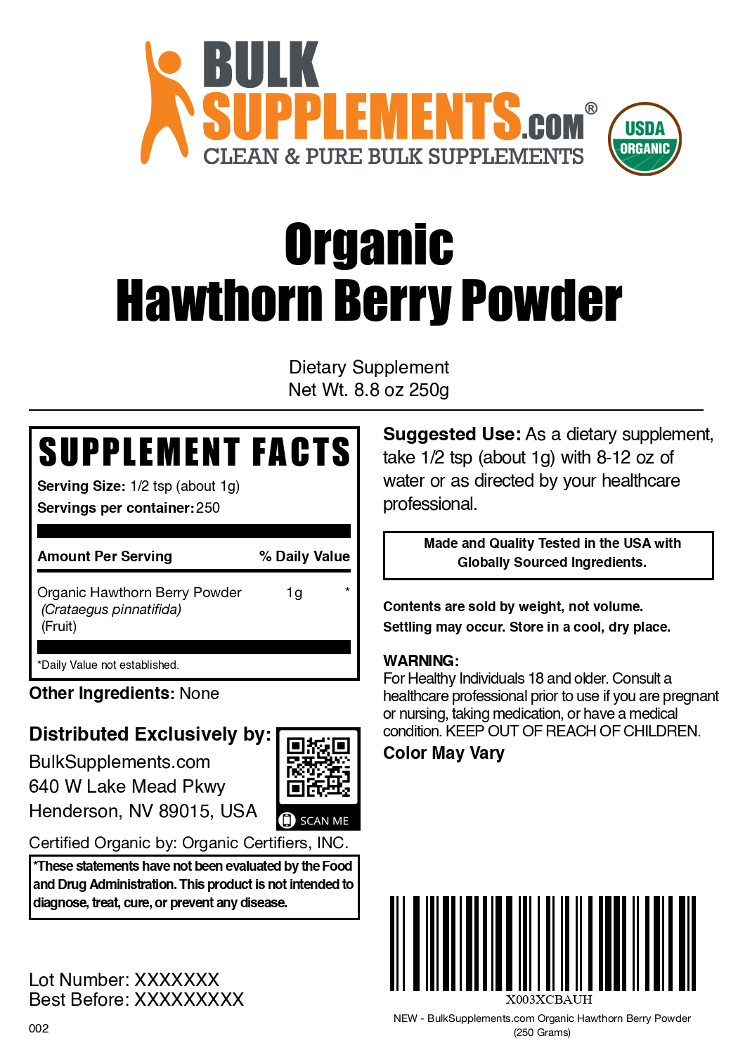 Organic hawthorn berry powder label 250g