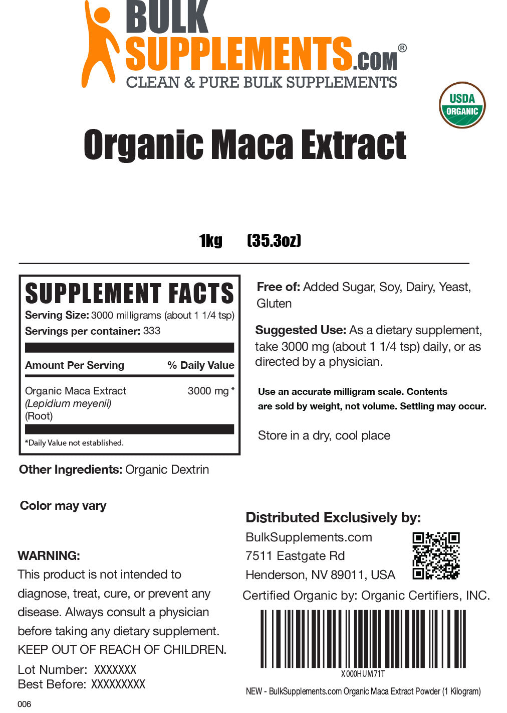 Supplement Facts Organic Maca Extract