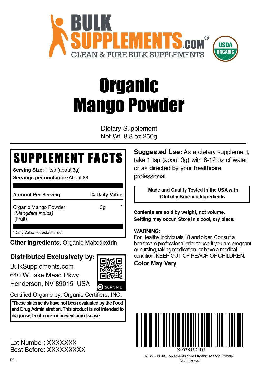 Organic mango powder label 250g