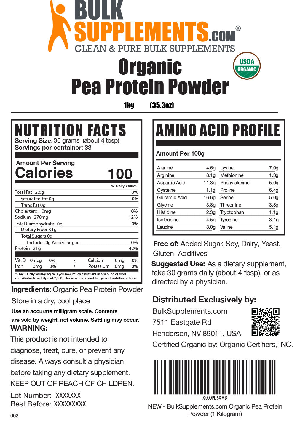 Supplement Facts Organic Pea Protein Powder