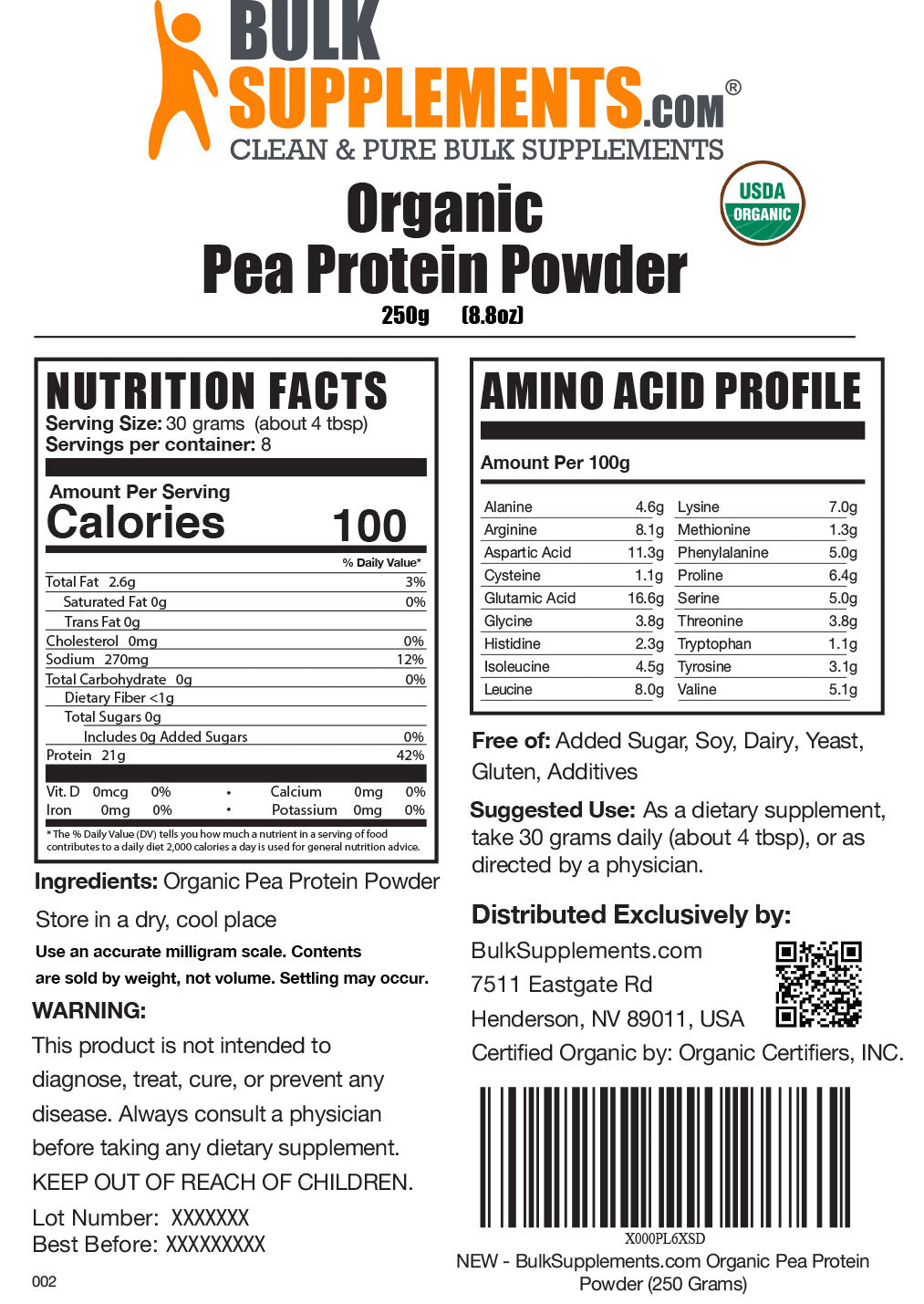 Supplement Facts Organic Pea Protein Powder