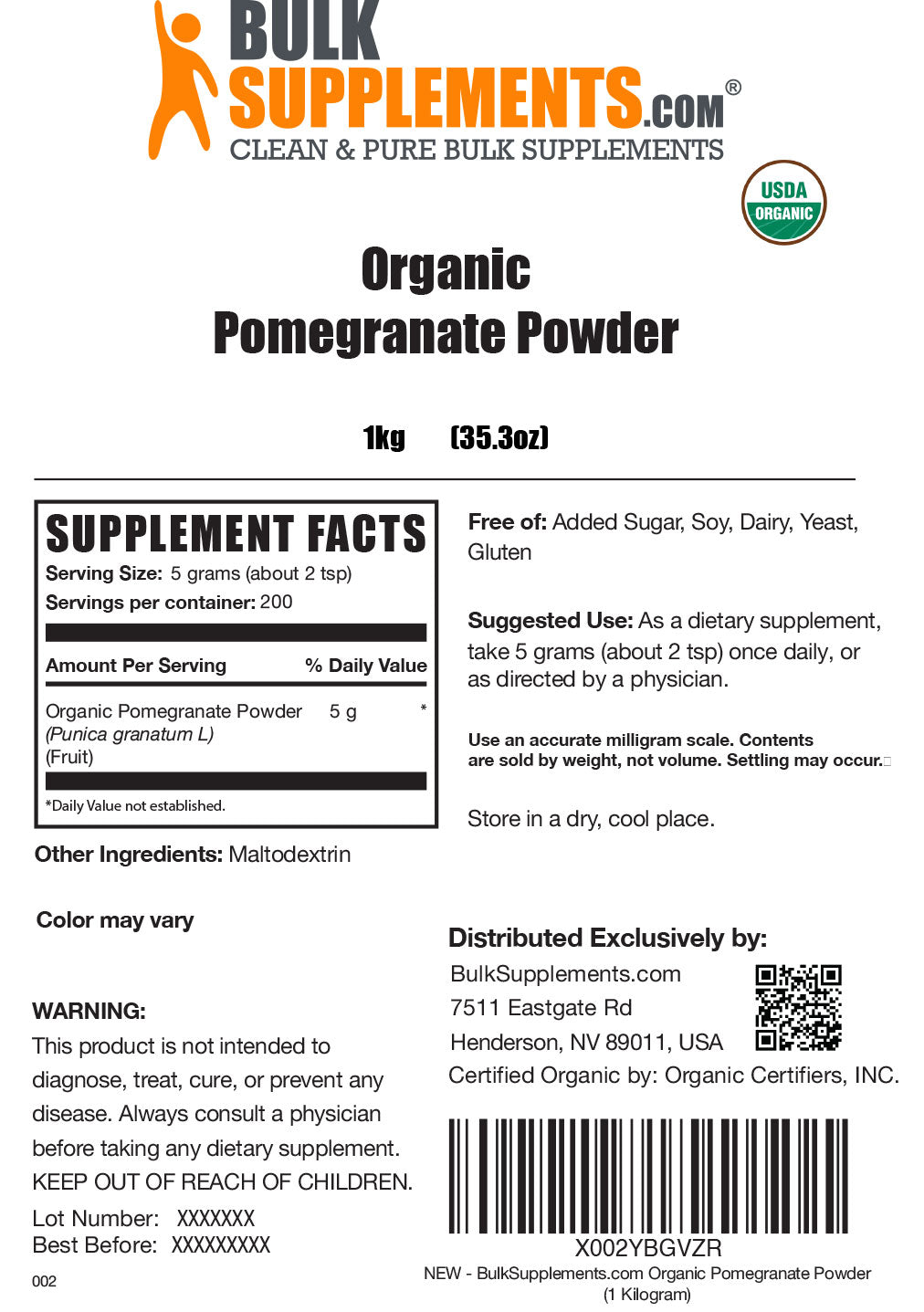 Supplement Facts for Organic Pomegranate Powder
