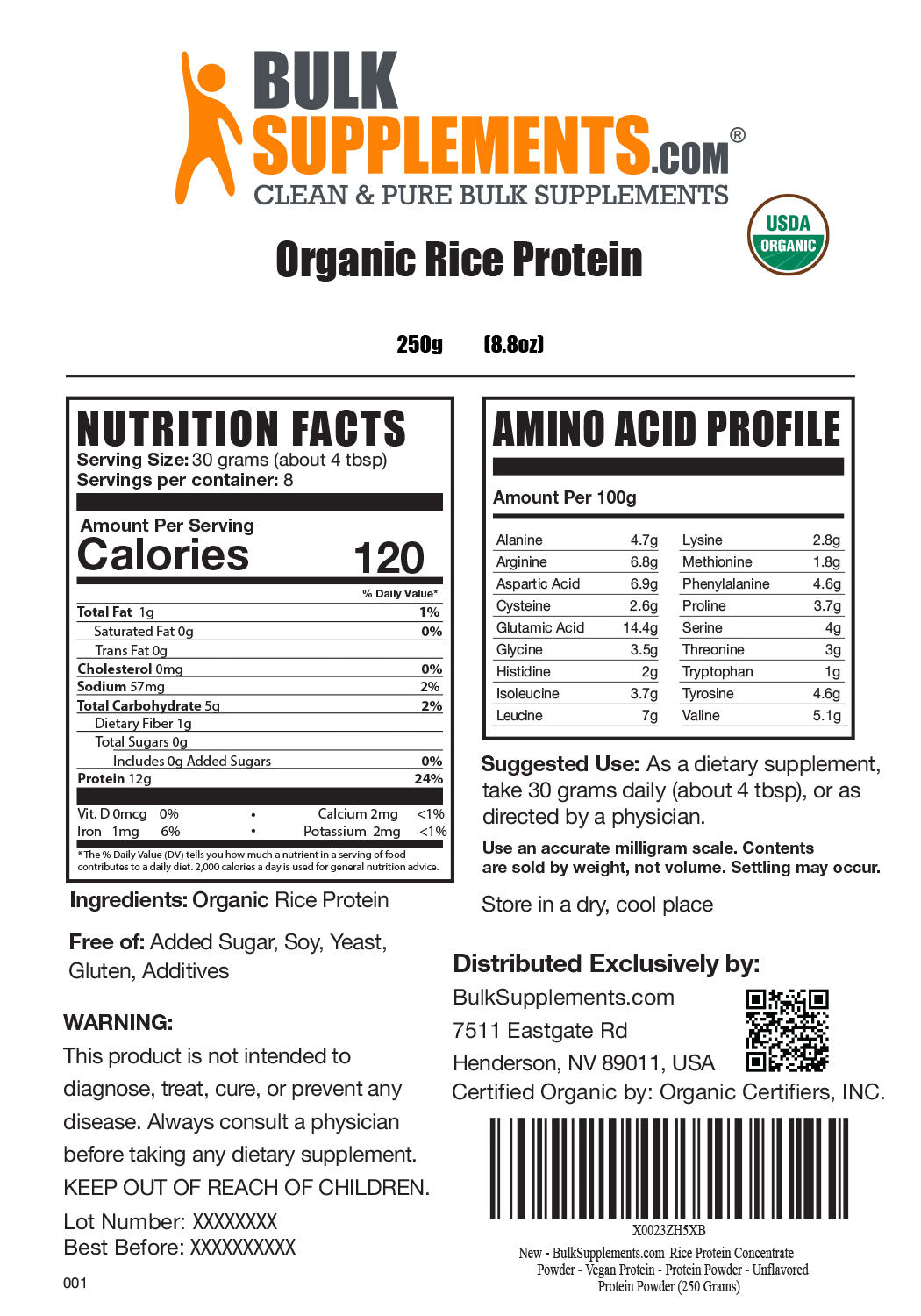 Nutrition Facts Organic Rice Protein