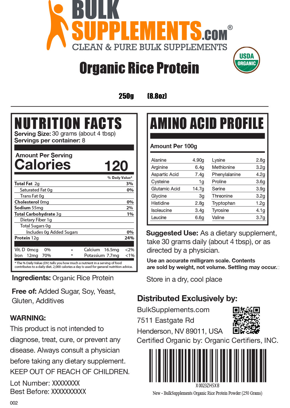 Nutrition Facts Organic Rice Protein