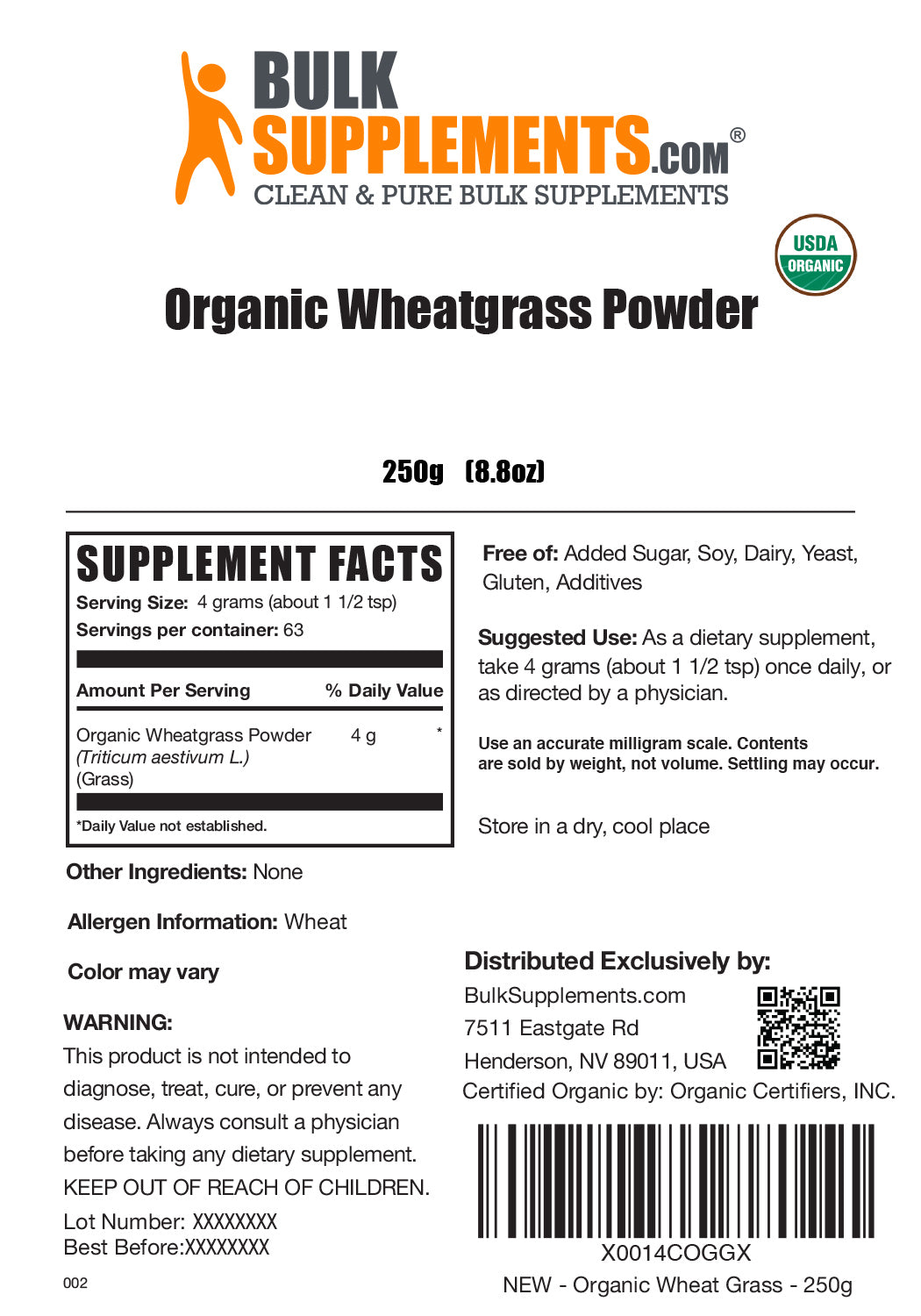 Supplement Facts Organic Wheatgrass Powder