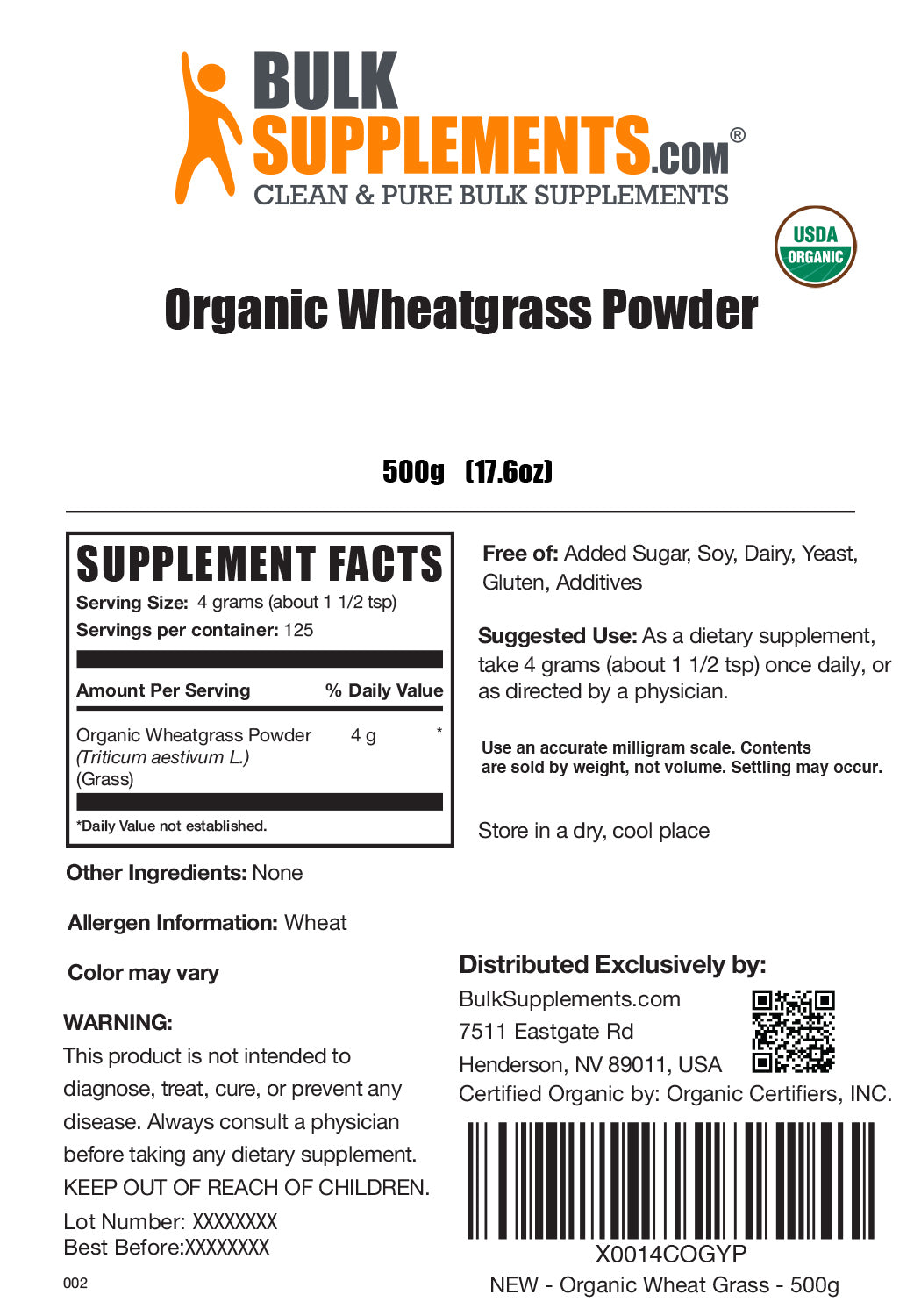Supplement Facts Organic Wheatgrass Powder