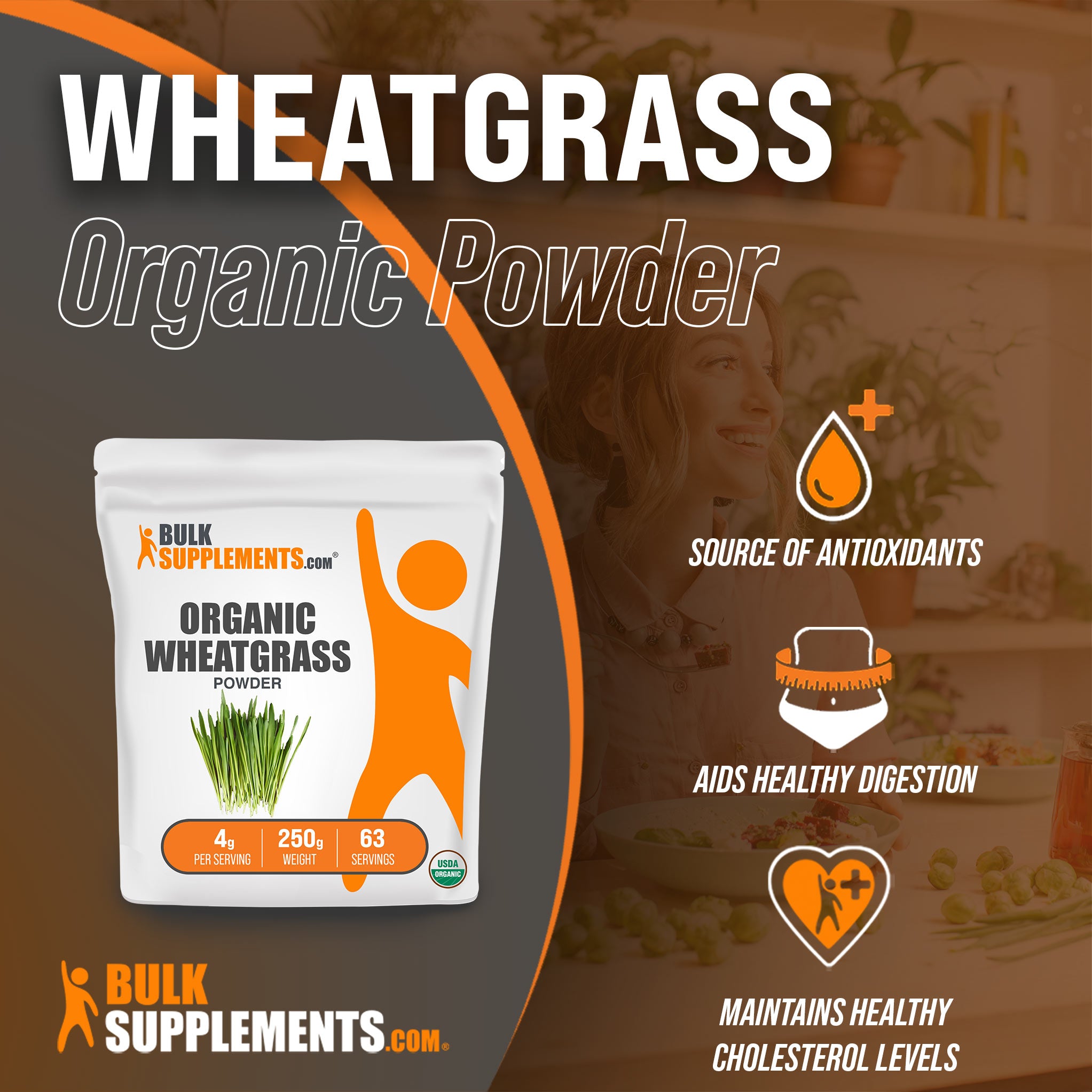 Benefits of Organic Wheatgrass Powder: source of antioxidants, aids healthy digestion, maintains healthy cholesterol levels