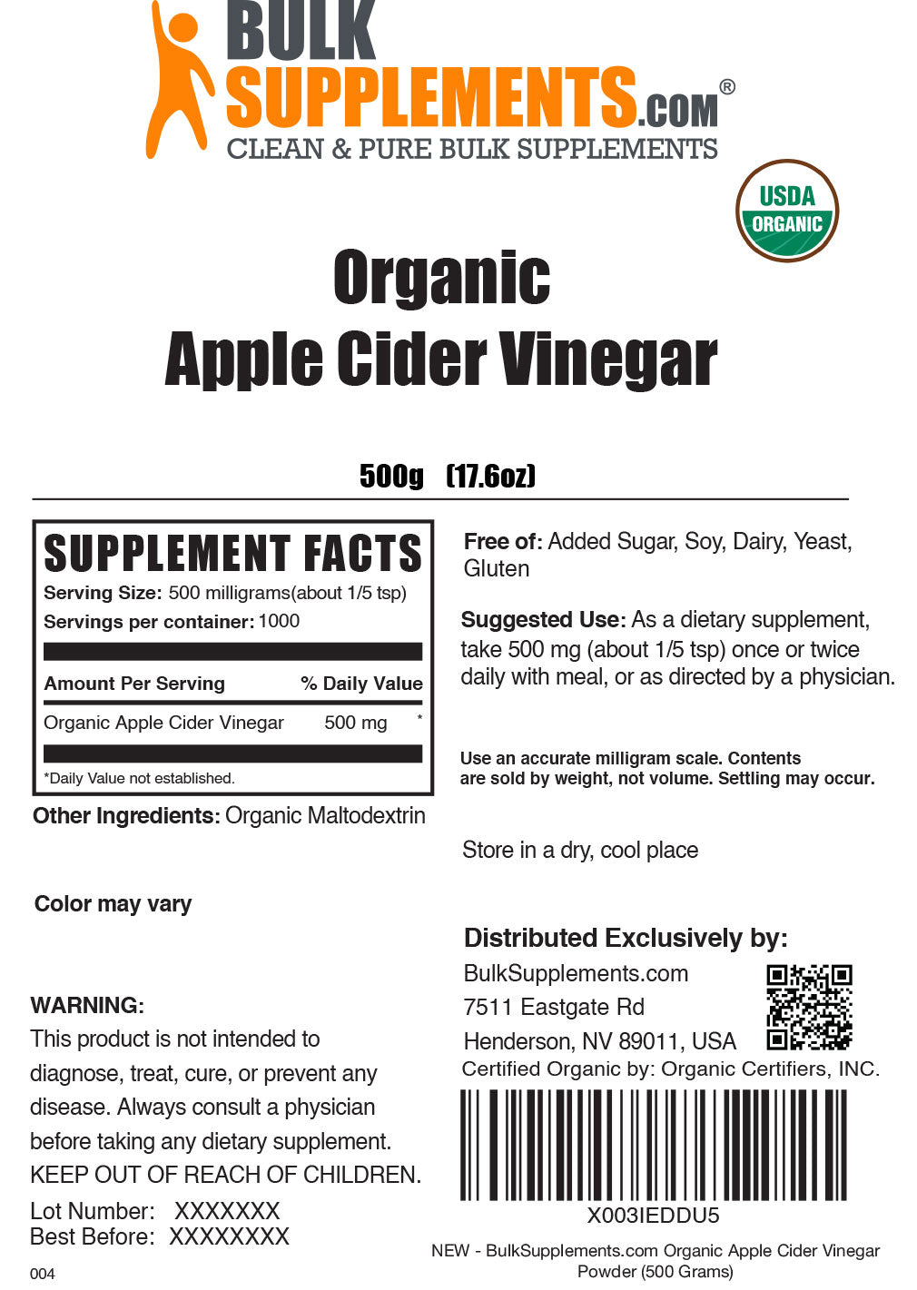 Organic Apple Cider Vinegar Supplement Facts