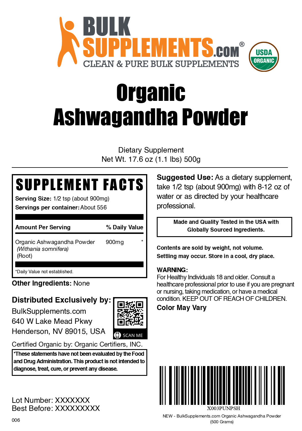 Organic ashwagandha root powder label 500g
