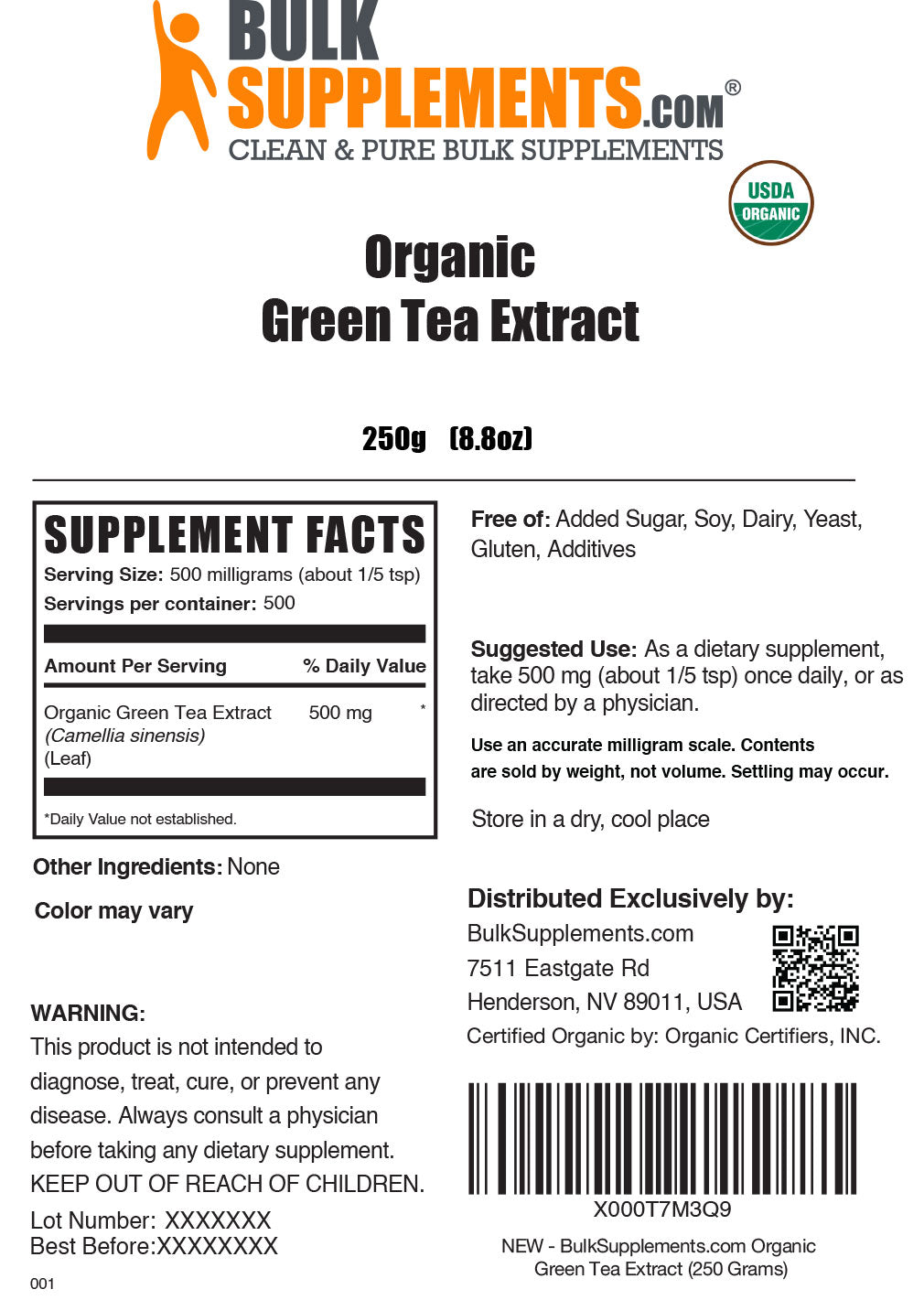 Organic green tea extract powder label 250g