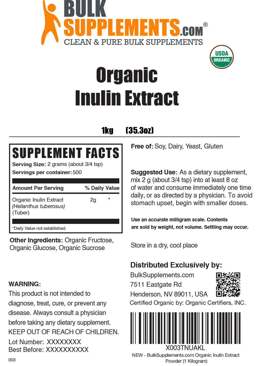 Supplement Facts Organic Inulin Extract