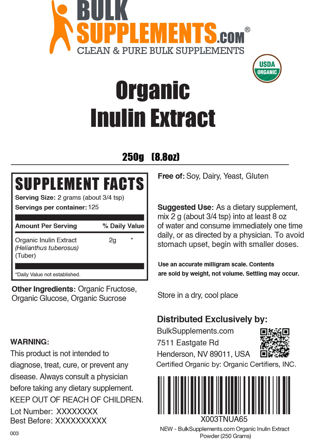 Supplement Facts Organic Inulin Extract
