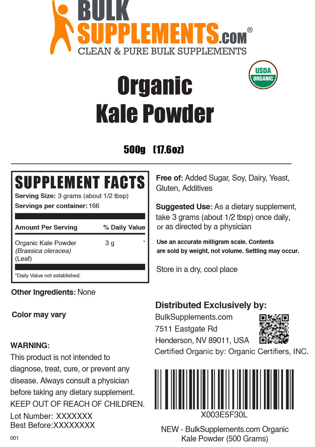 Supplement Facts Organic Kale Powder