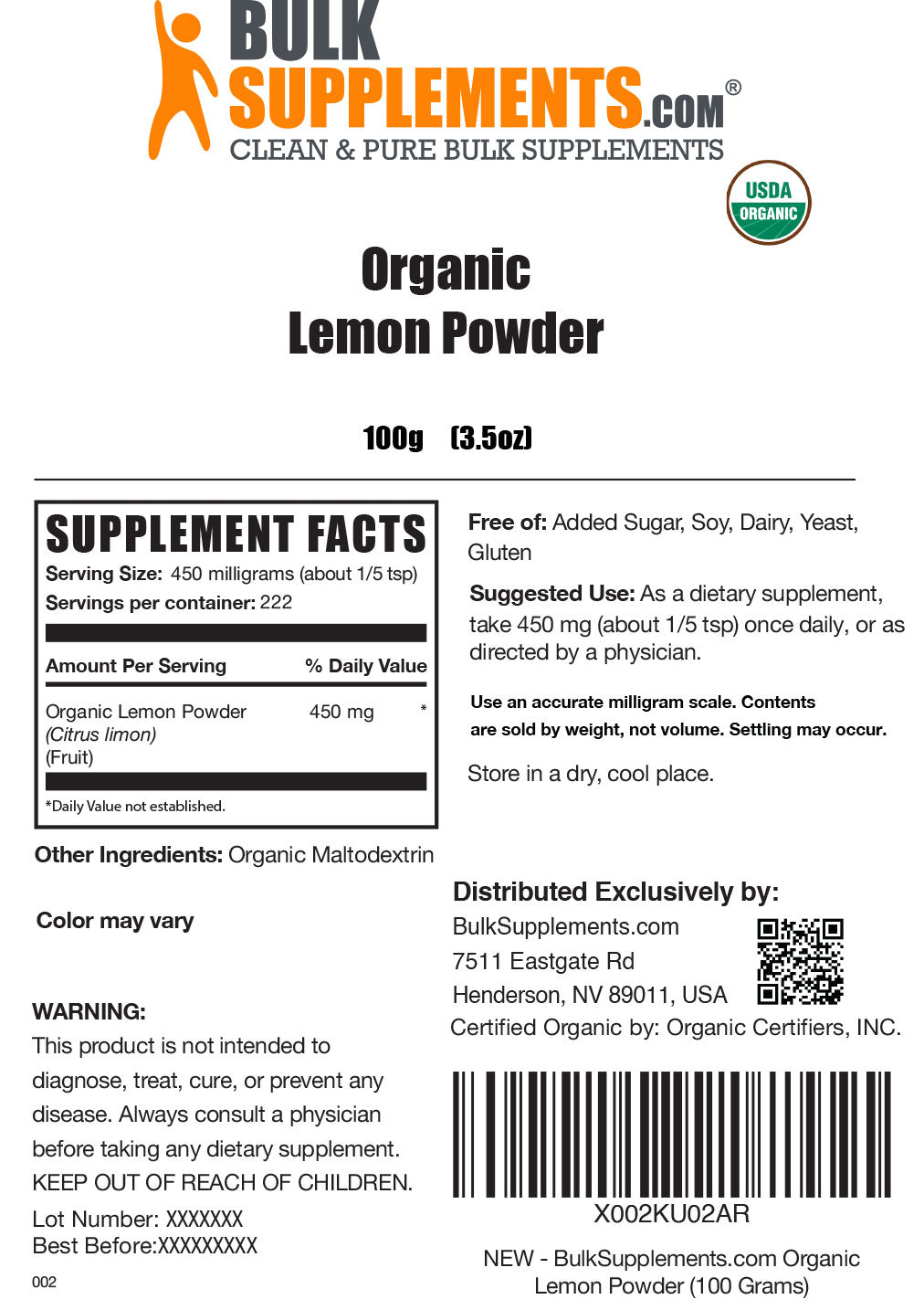 Supplement Facts Organic Lemon Powder