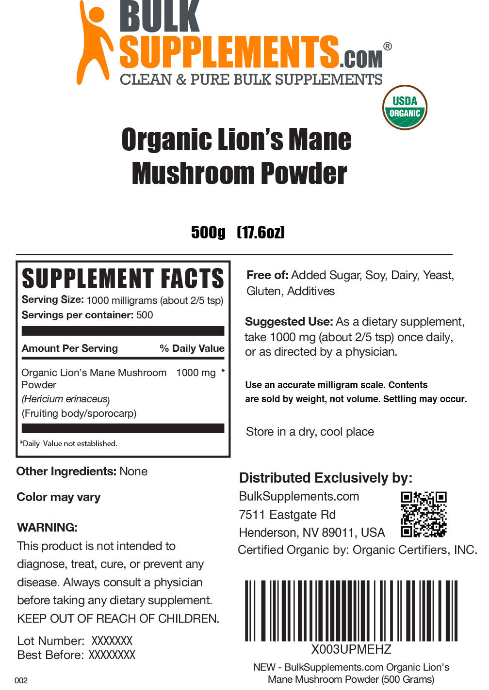 Supplement Facts Organic Lion's Mane Powder