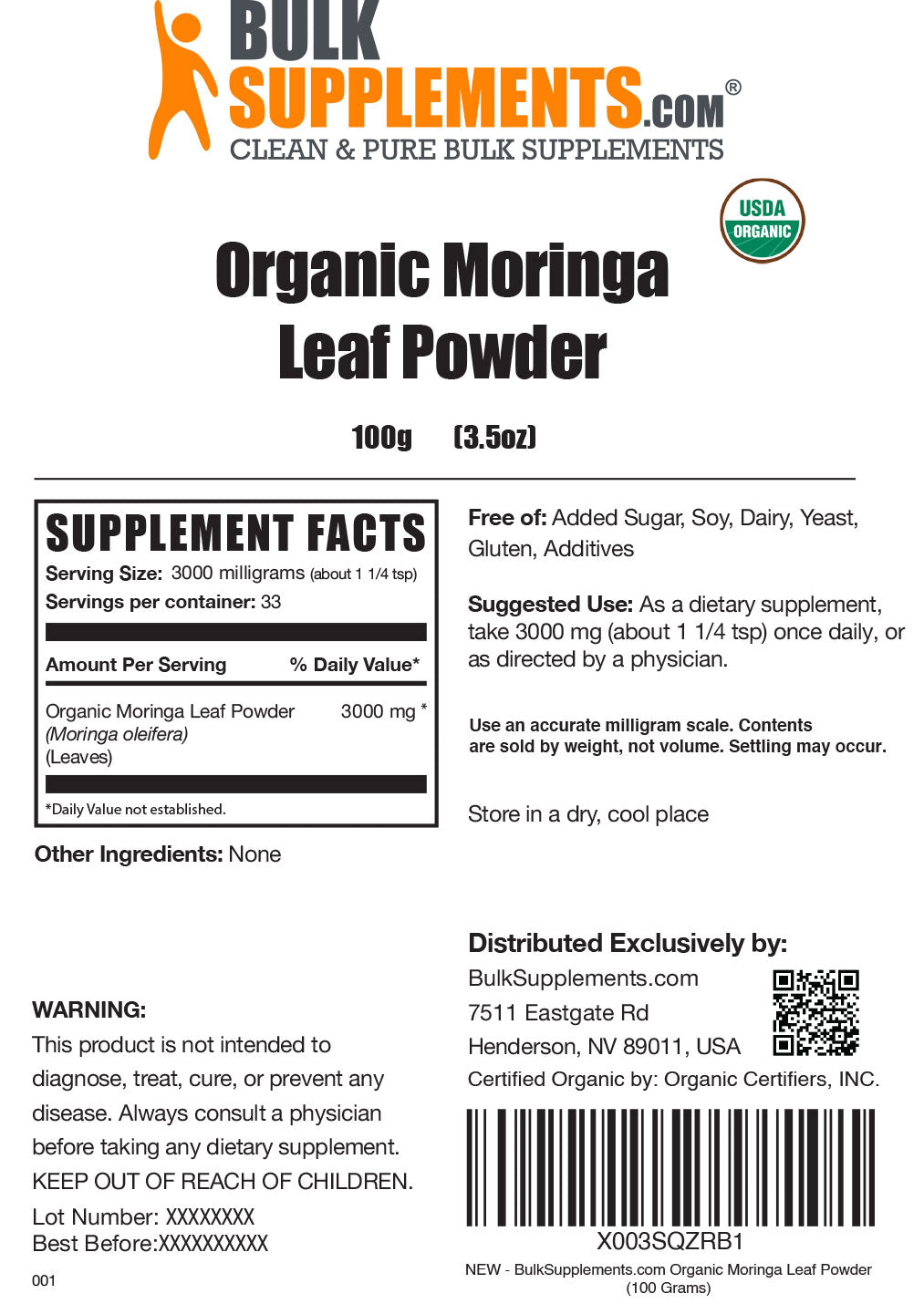 Supplement Facts Organic Moringa Leaf Powder