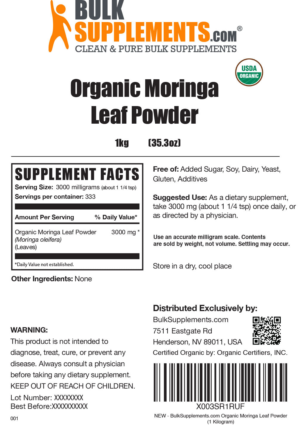 Supplement Facts Organic Moringa Leaf Powder