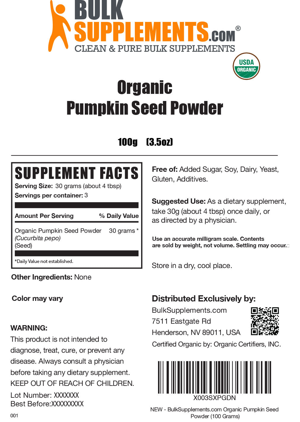 Supplement Facts Organic Pumpkin Seed Powder