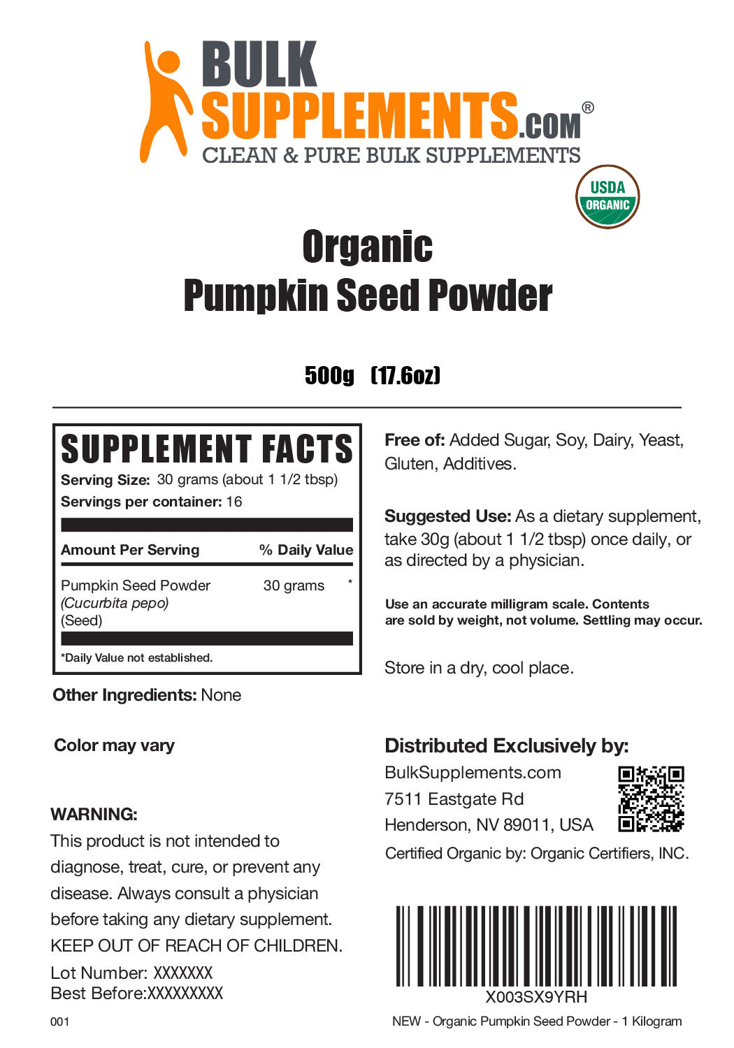 Organic Pumpkin Seed powder label 500g