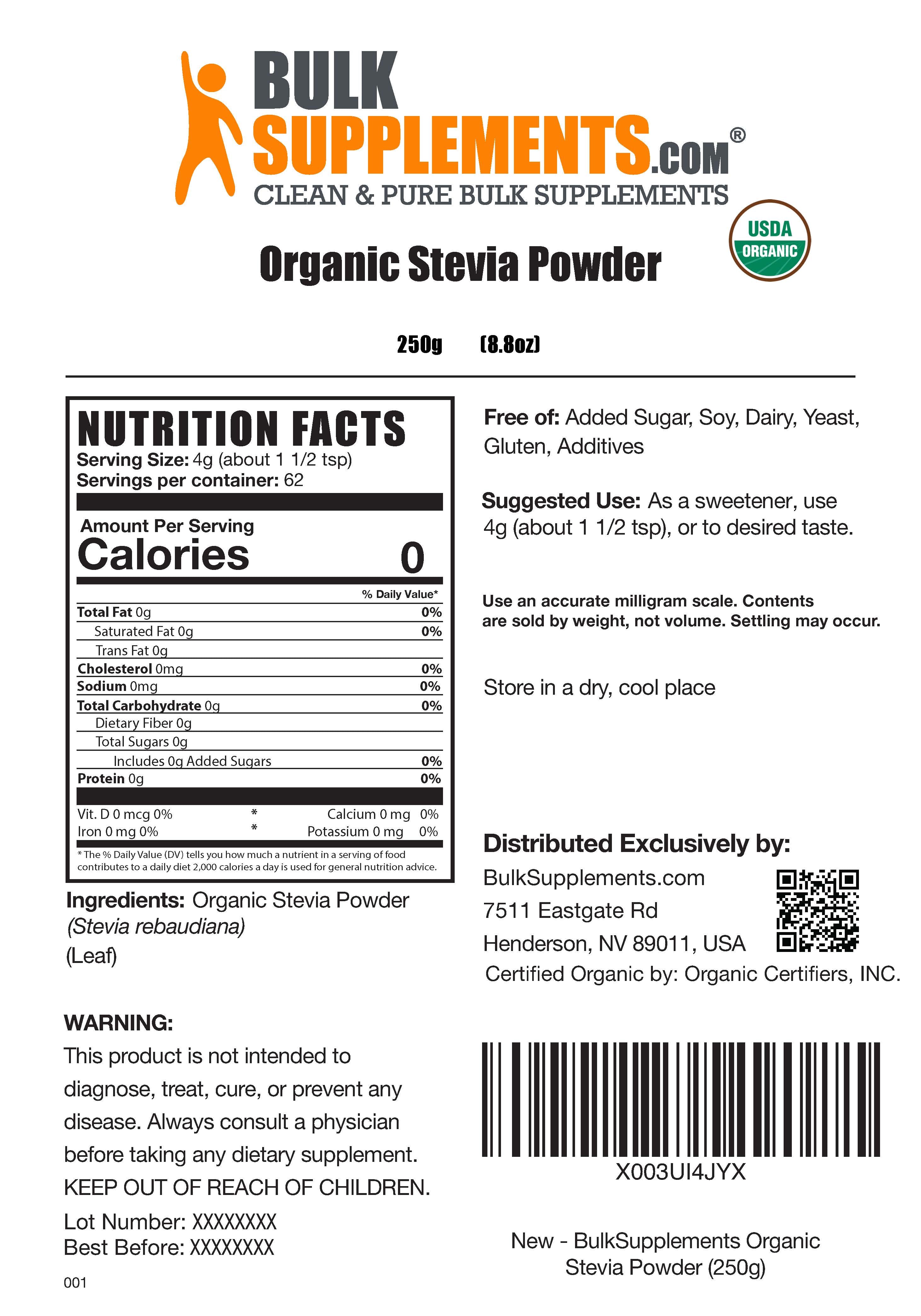 Organic Stevia Powder label 250g