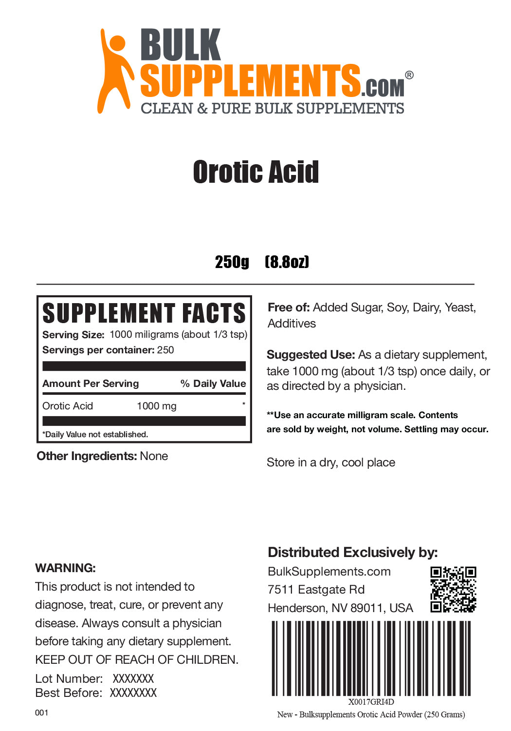 Supplement Facts Orotic Acid