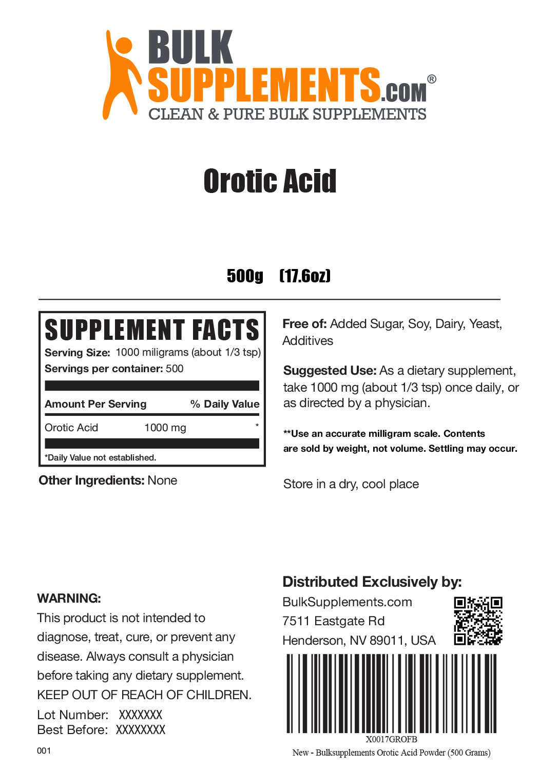 Supplement Facts Orotic Acid