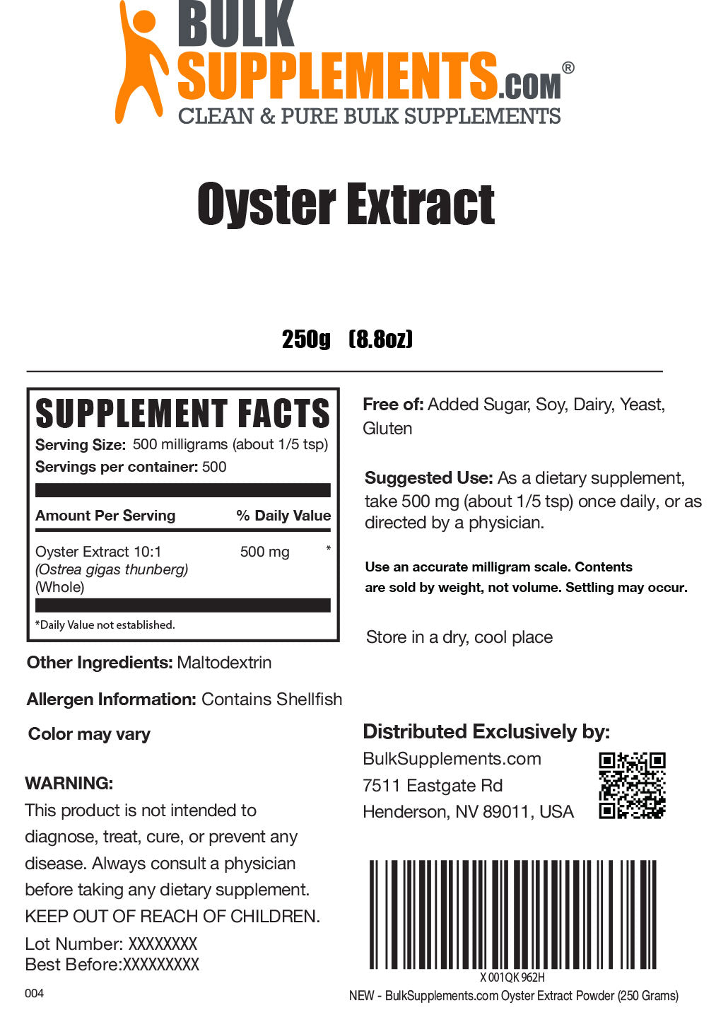 Supplement Facts Oyster Extract