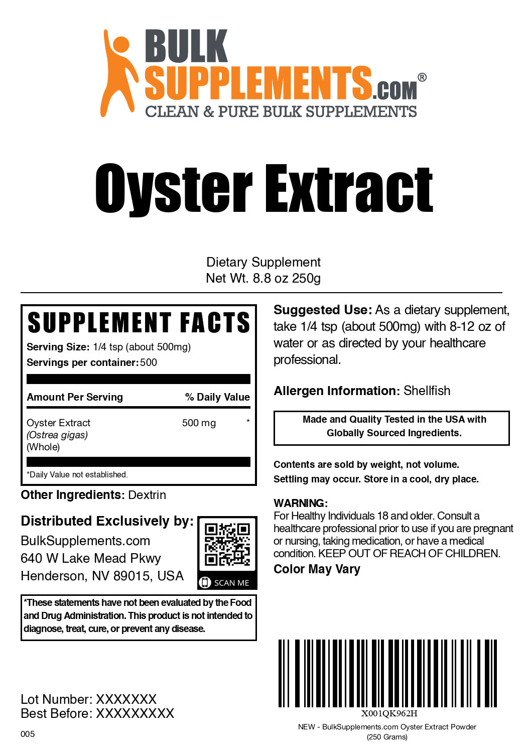 Oyster extract powder label 250g