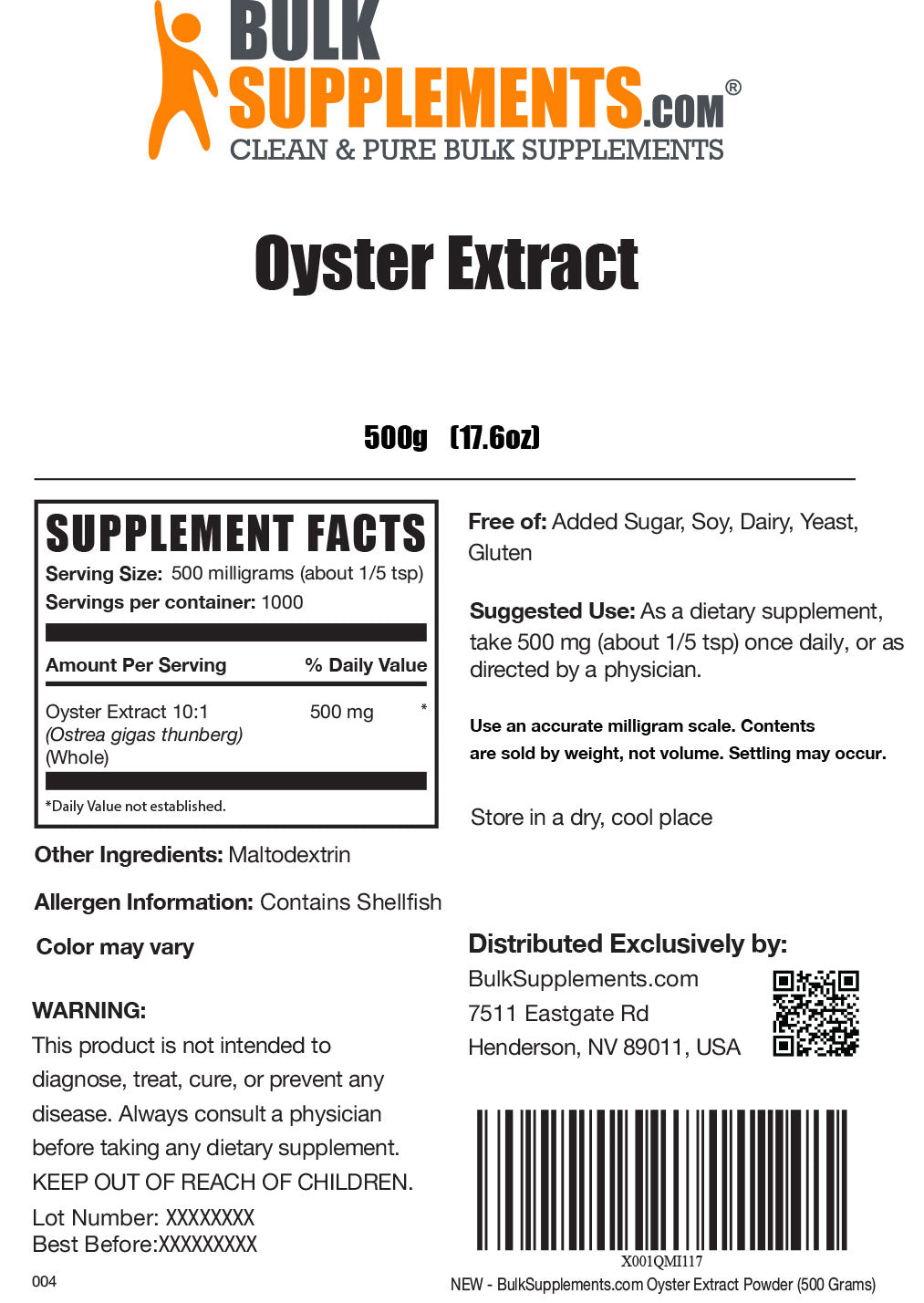 Supplement Facts Oyster Extract
