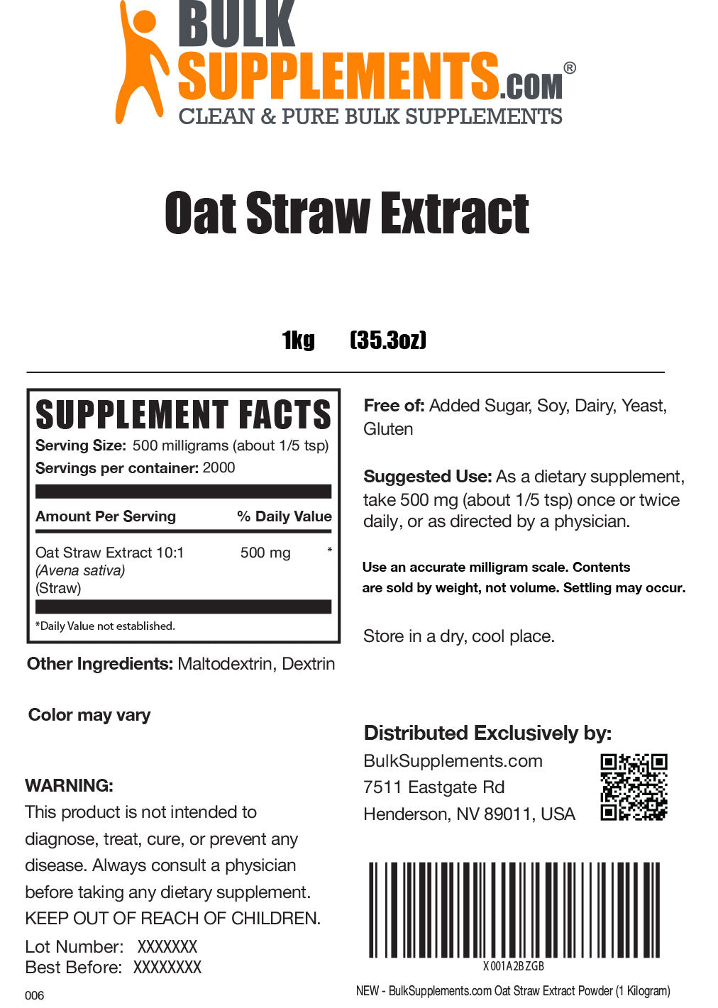 Supplement Facts Oat Straw Extract Powder
