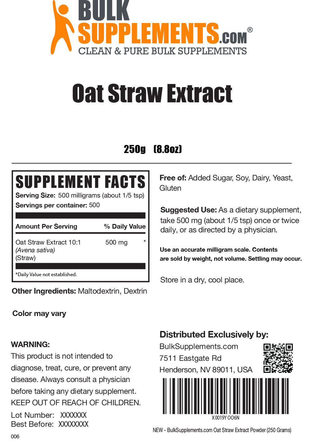Oat Straw Extract Powder 250g Label