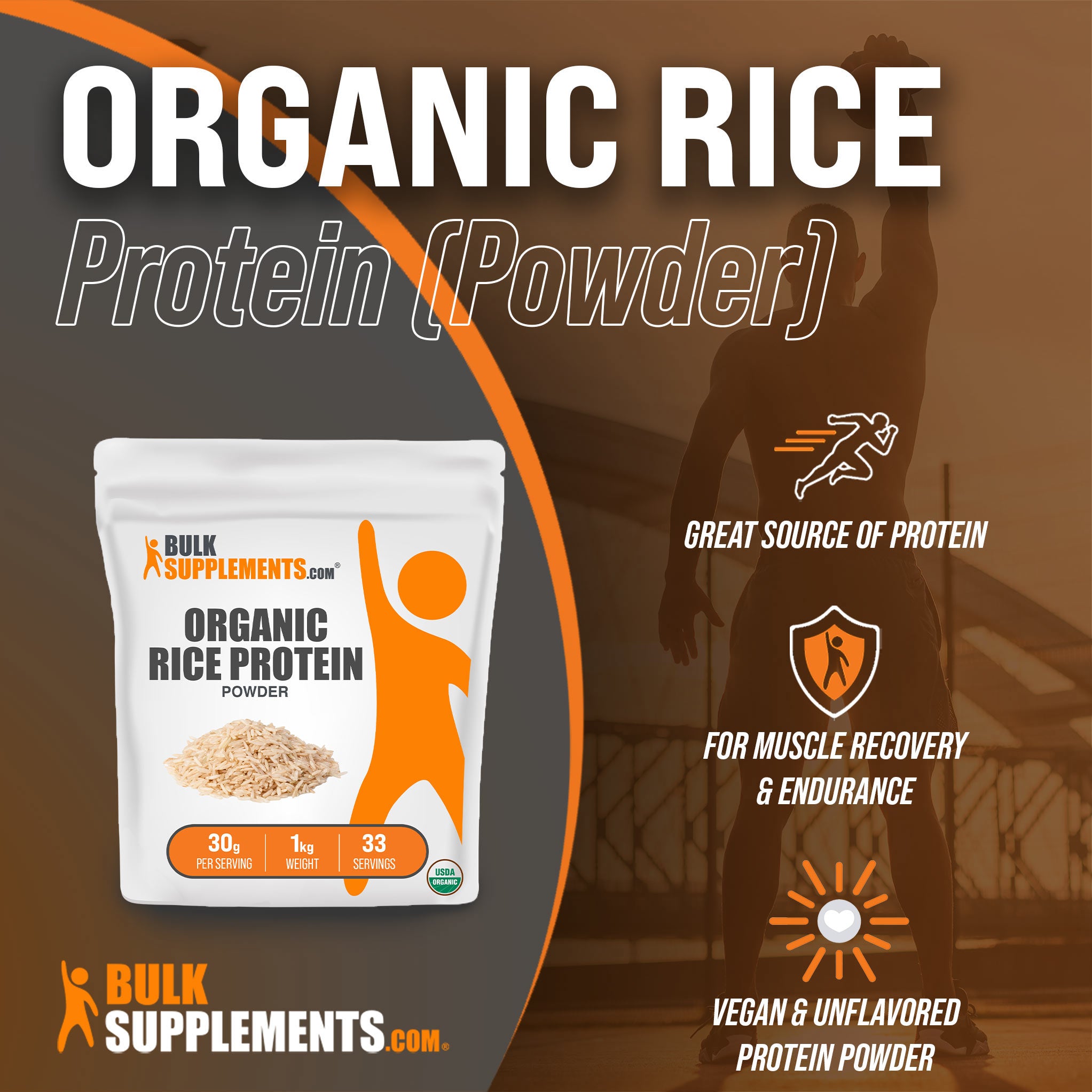 Benefits of Organic Rice Protein Powder: great source of protein, for muscle recovery and endurance, vegan and unflavored protein powder