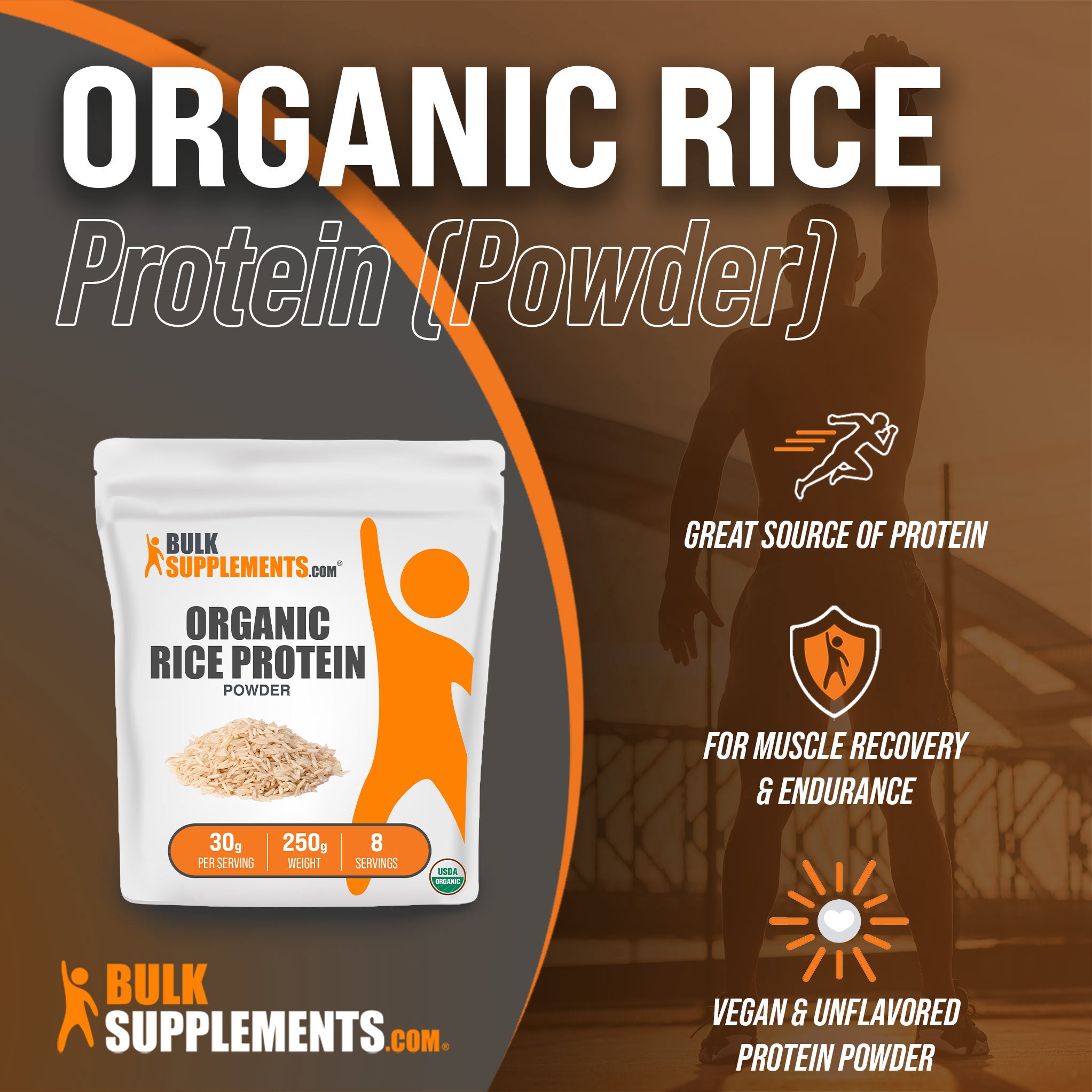 Benefits of Organic Rice Protein Powder: great source of protein, for muscle recovery and endurance, vegan and unflavored protein powder