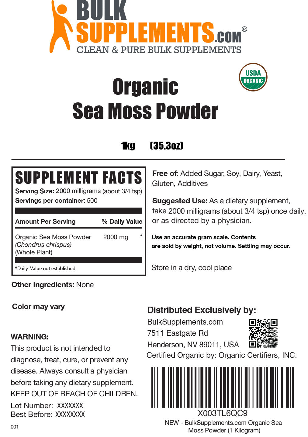 Supplement Facts Organic Sea Moss Powder
