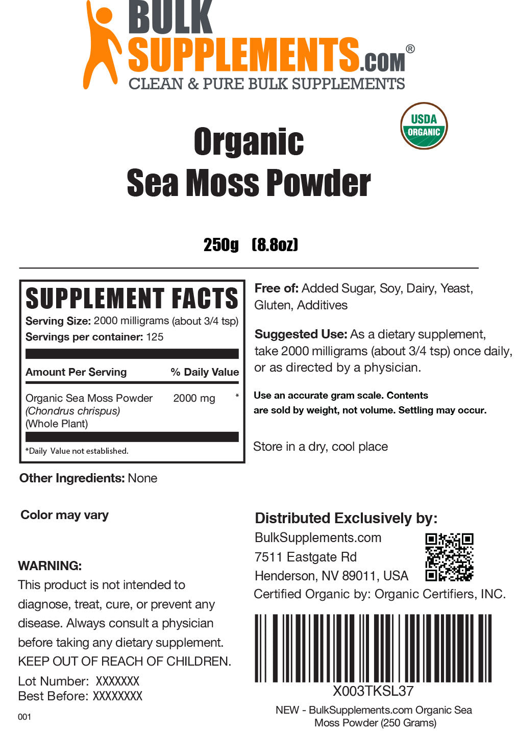 Supplement Facts Organic Sea Moss Powder