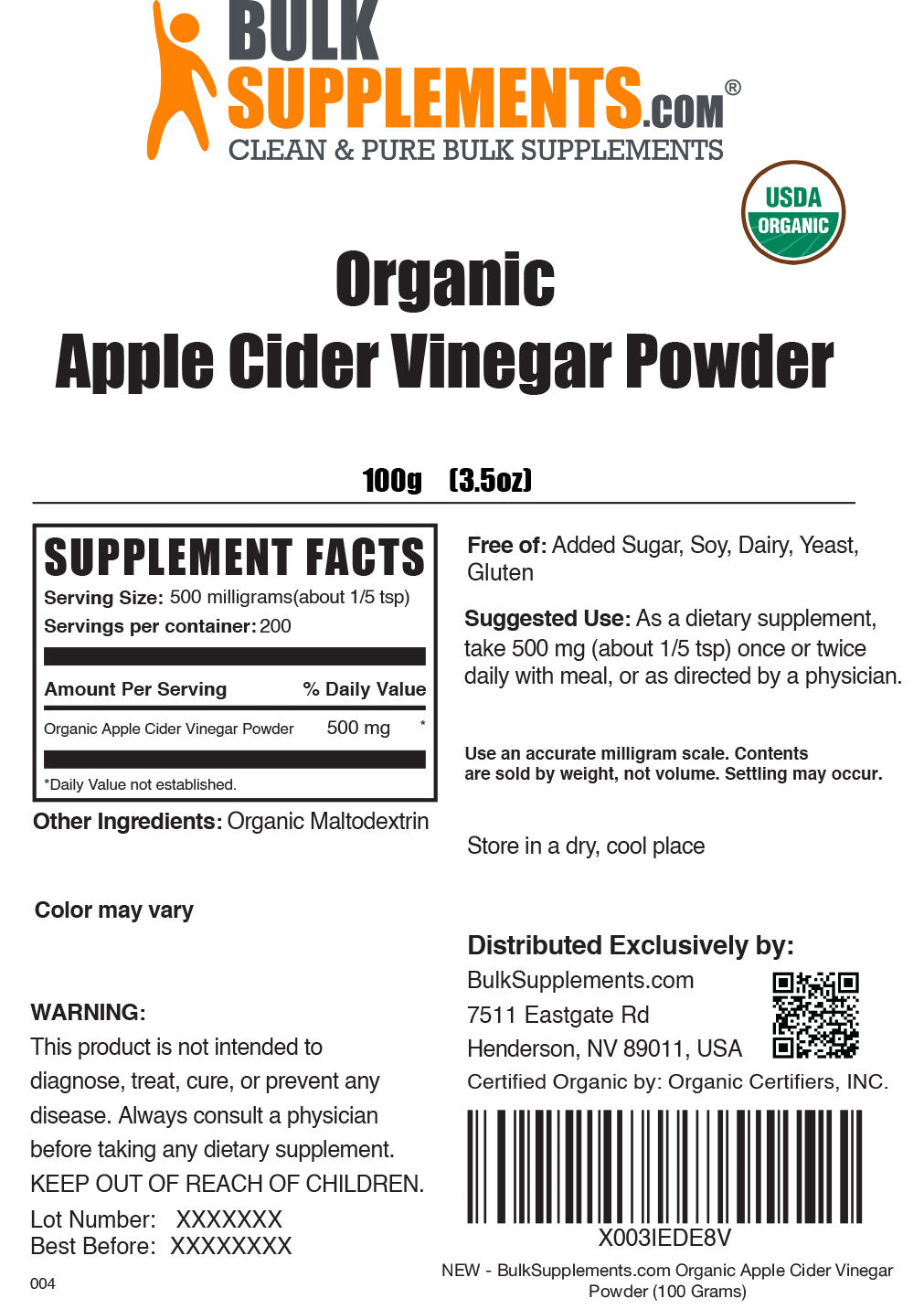 Supplement Facts Organic Apple Cider Vinegar Powder