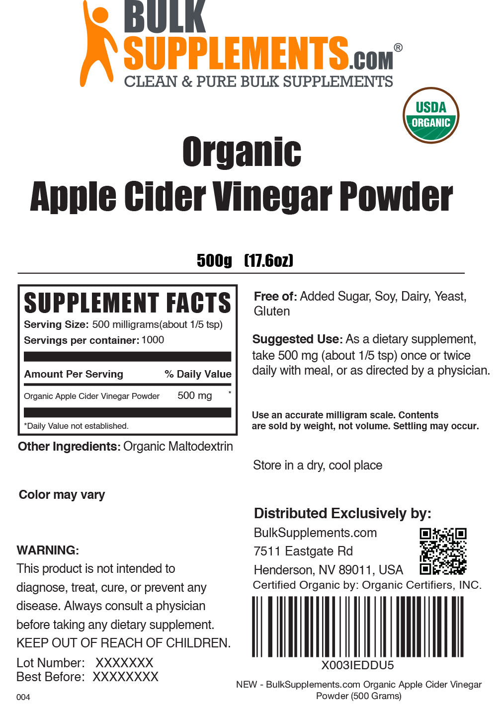 Supplement Facts Organic Apple Cider Vinegar Powder