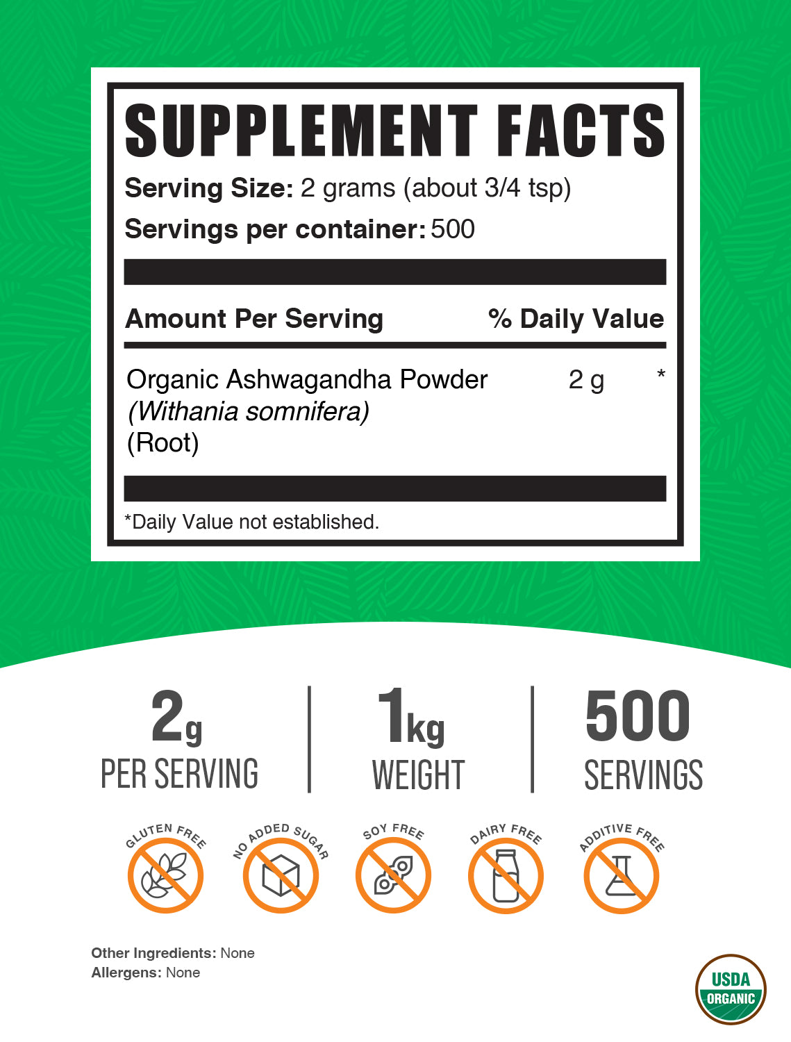 Organic Ashwagandha Powder label 1kg
