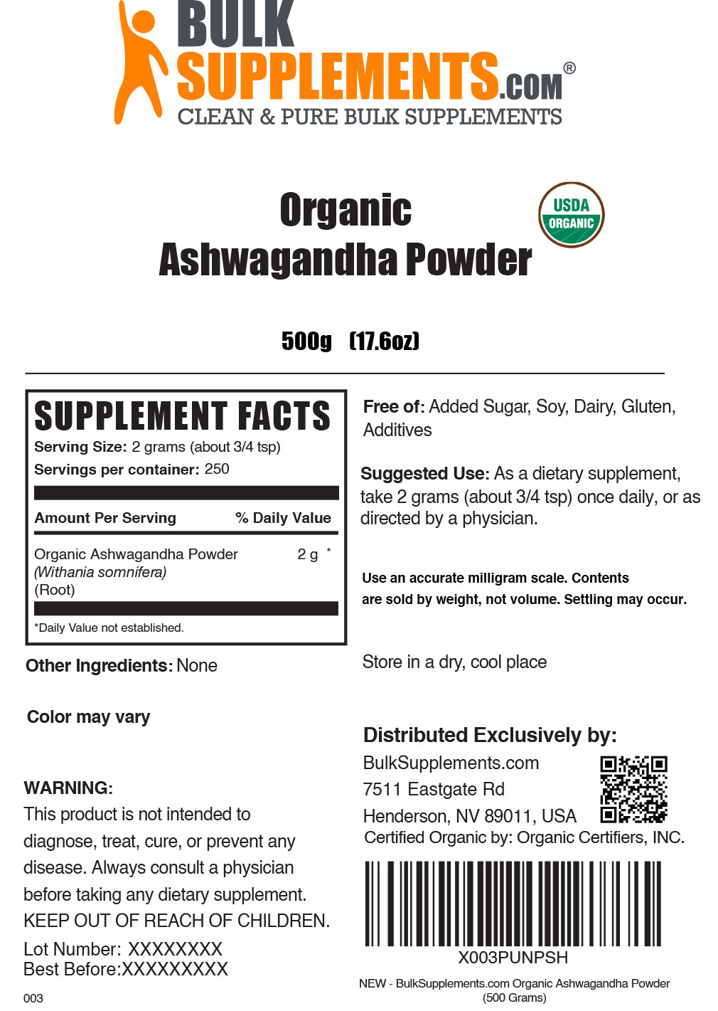 Organic Ashwagandha Powder label 500g