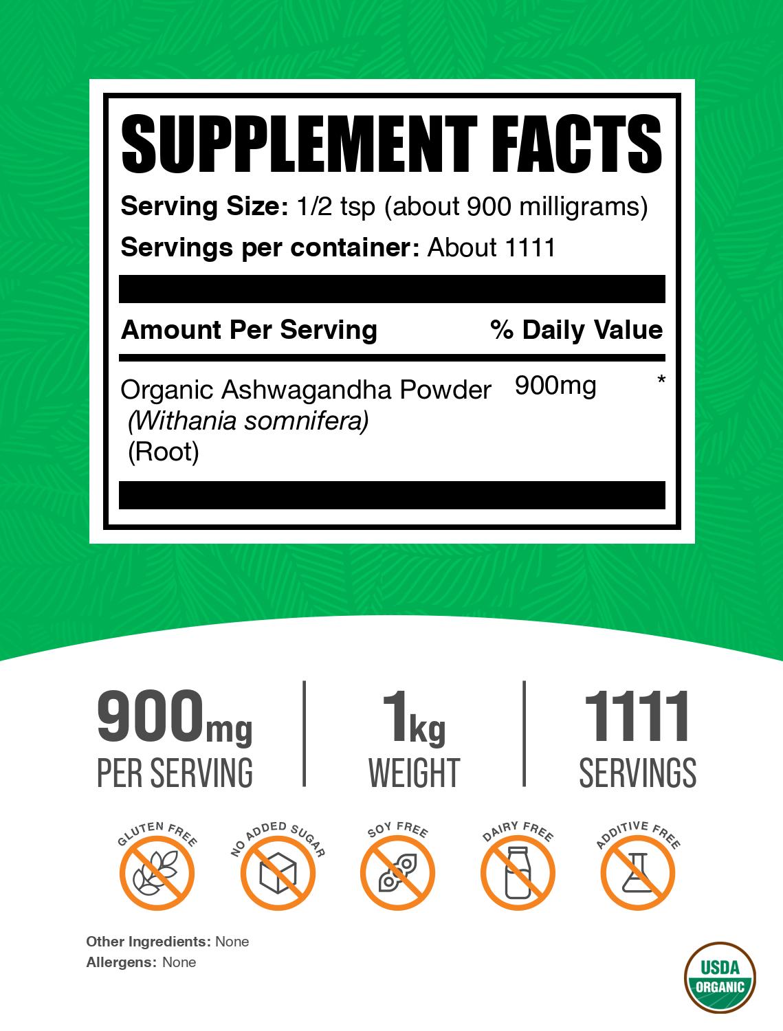 Organic ashwagandha root powder label 1kg