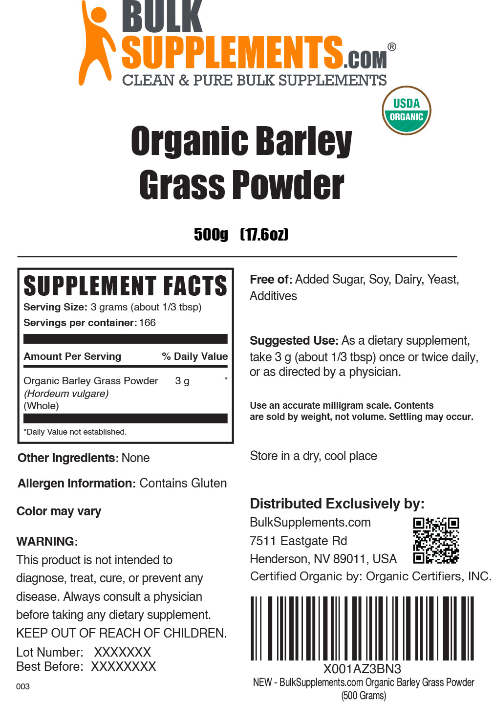 Organic barley grass powder label 500g