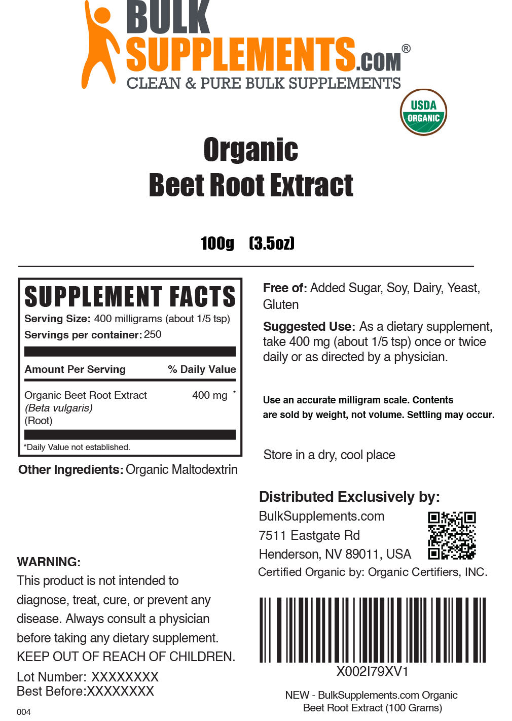 Organic beet root extract 250g label