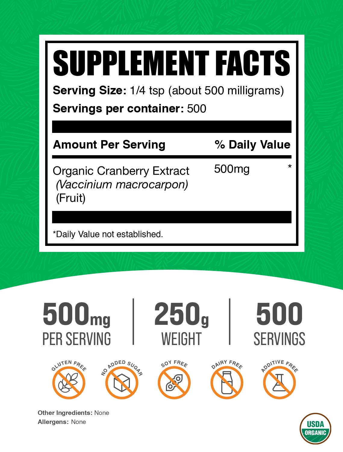 Organic cranberry extract powder label 250g