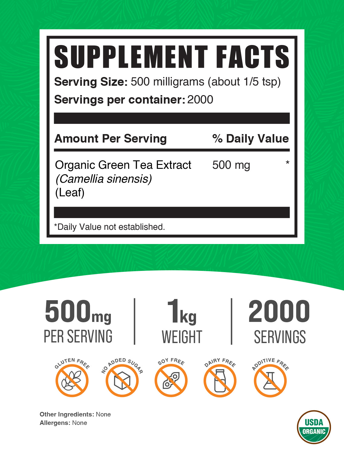 Organic green tea extract powder label 1kg