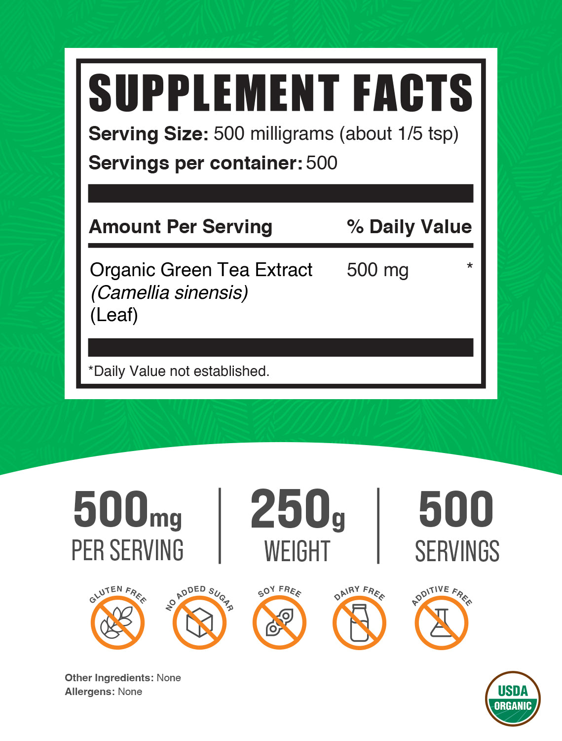 Organic green tea extract powder label 250g